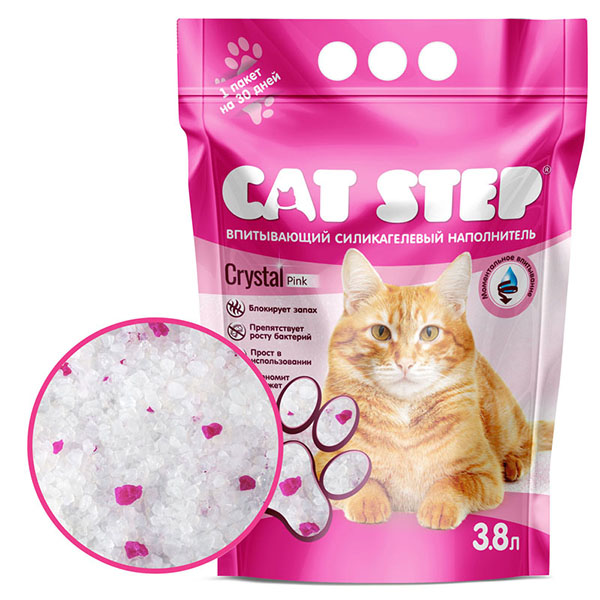 наполнитель для кошачьего туалета "cat step" (кэт стэп) crystal pink, силикагелевый